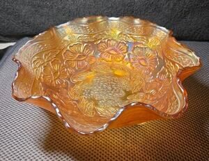 vintage marigold carnival glass bowl Footed 8" Diameter Flower Pattern